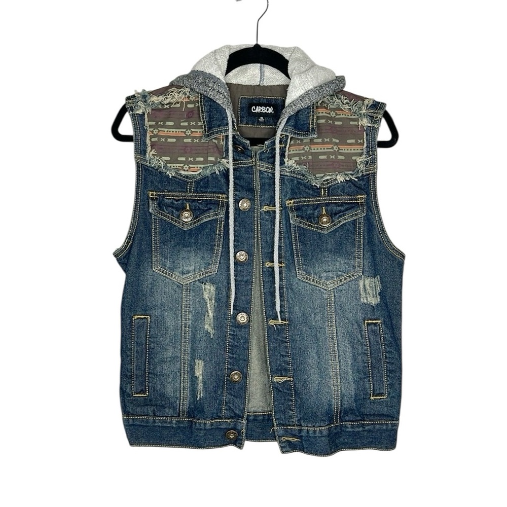 CARBON Western Distressed Hooded Denim patch Vest size Small